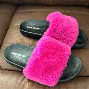 Steve Madden Bright Pink Fuzzy Slide Sandals